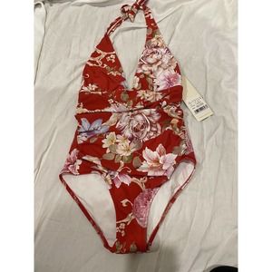 Gottex Swimsuit 8 NWT Floral hitachi 1 piece multicolor v neck halter NO PADS